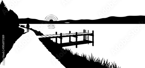 Black silhouette landscape vector with dock and water