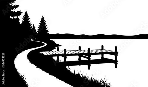 Black and white vector illustration of a dock by a lake