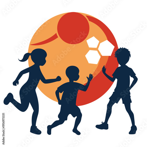 Kids playing soccer: Silhouettes engage in a lively game with a big ball on grass