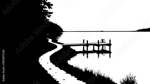 Black silhouette of a dock on a lake vector illustration
