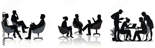 Silhouettes of people interacting in a modern office environment