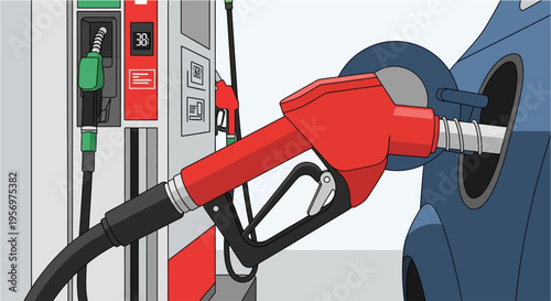 A red fuel nozzle is inserted into a car's gas tank at a filling station.