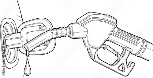 A black and white line drawing depicting a gas pump nozzle inserted into a car's fuel tank, with a single drop of fuel dripping from the nozzle.