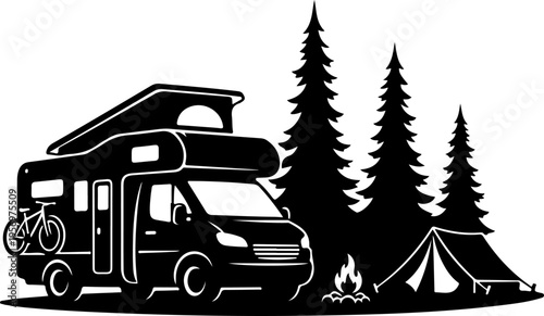 Vector illustration of camper van with tent and trees