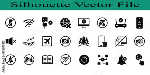 Black silhouette vector icons of various technology and media symbols  isolated on white