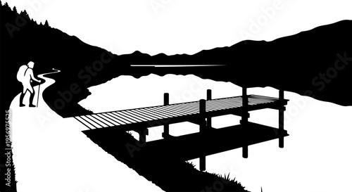 Vector illustration of a dock and people by a lake