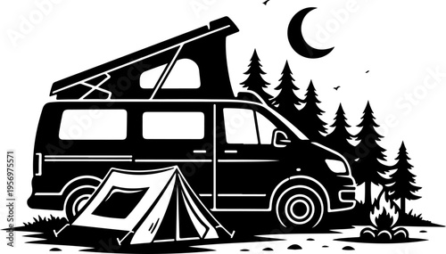 Vector illustration of camper van with tent and campfire at night