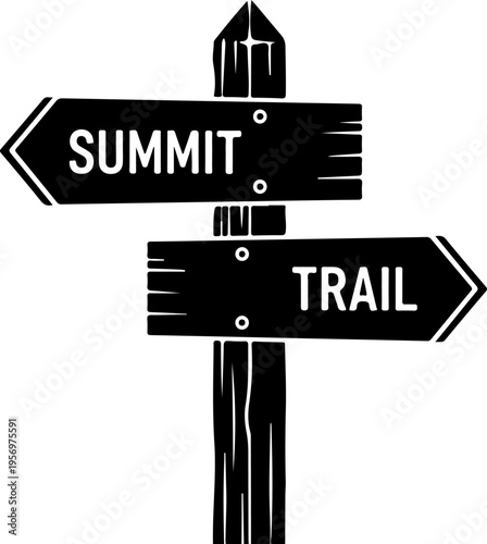 Black and white hiking trail signs, summit direction, vector illustration, wooden post, navigation pointers