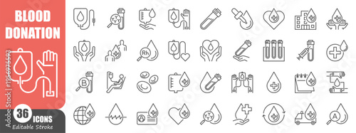 Blood donation thin line icons set. Charity, transfusion, laboratory test, and medical healthcare linear vector symbols.