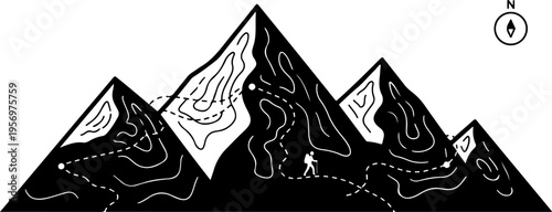Hiking mountain topographic map, adventure trail illustration, black and white vector, outdoor navigation