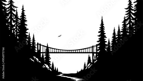 Vector silhouette of suspension bridge in forest with trees and river