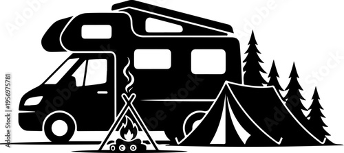Vector illustration of camper van and tent for camping