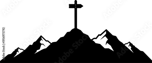 Cross on mountain, silhouette landscape, black mountains, Christian symbol