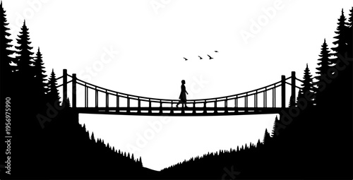 Vector silhouette of a suspension bridge in a forest landscape
