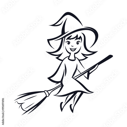 Magical night flight: Silhouette of a witch on a broomstick against a starry sky