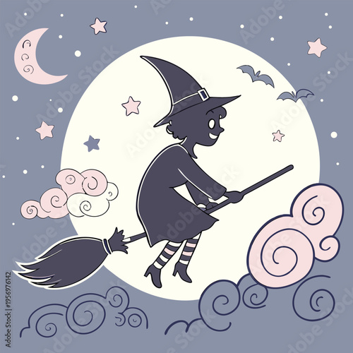 Halloween eve: Silhouette of a witch flying on a broomstick under a dark, starry sky