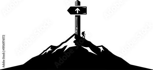 Mountain, Directional Sign, Silhouette, Vector Icon, Travel Symbol