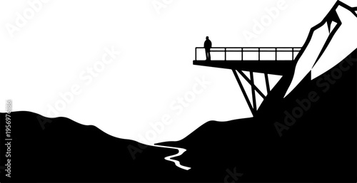 Vector silhouette of person on mountain bridge