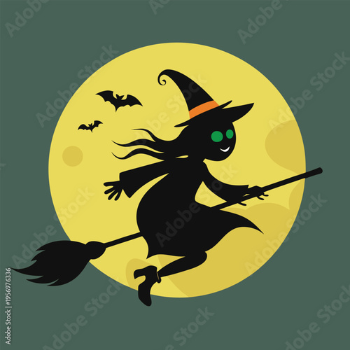 Mysterious night journey: Silhouette of a witch soaring on a broomstick through the stars