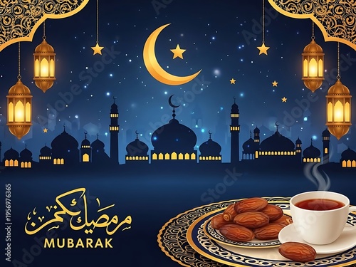 Islamic ramadan mubarak greeting card with lanterns and moon