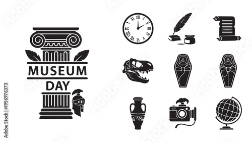 Museum Day Icons Set With Ancient Symbols And Objects