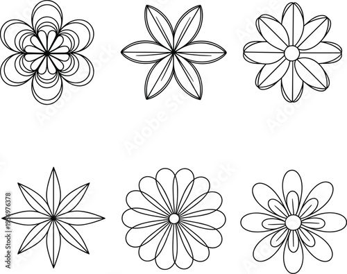 Six black and white floral patterns with varying petal shapes and styles petals 1