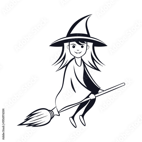 Silhouette of a witch flying on a broomstick against a celestial night sky