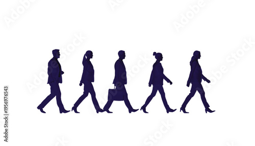 Five business professionals in dark silhouette stride purposefully forward against a stark white background.