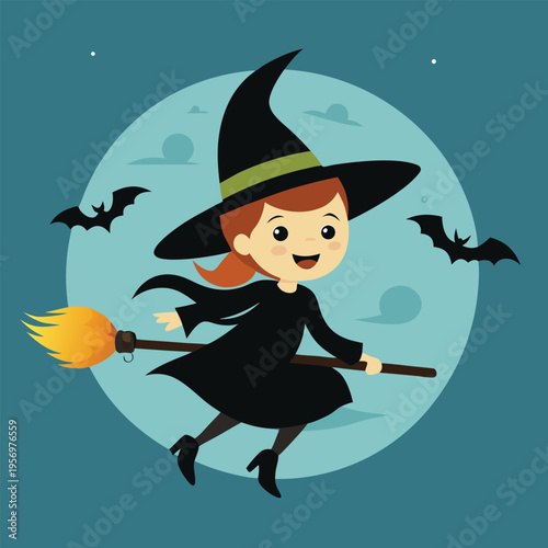 Mysterious Witch Flying on Broomstick Silhouette at Night