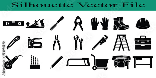 Collection of various construction and work tools and equipment silhouettes on white background
