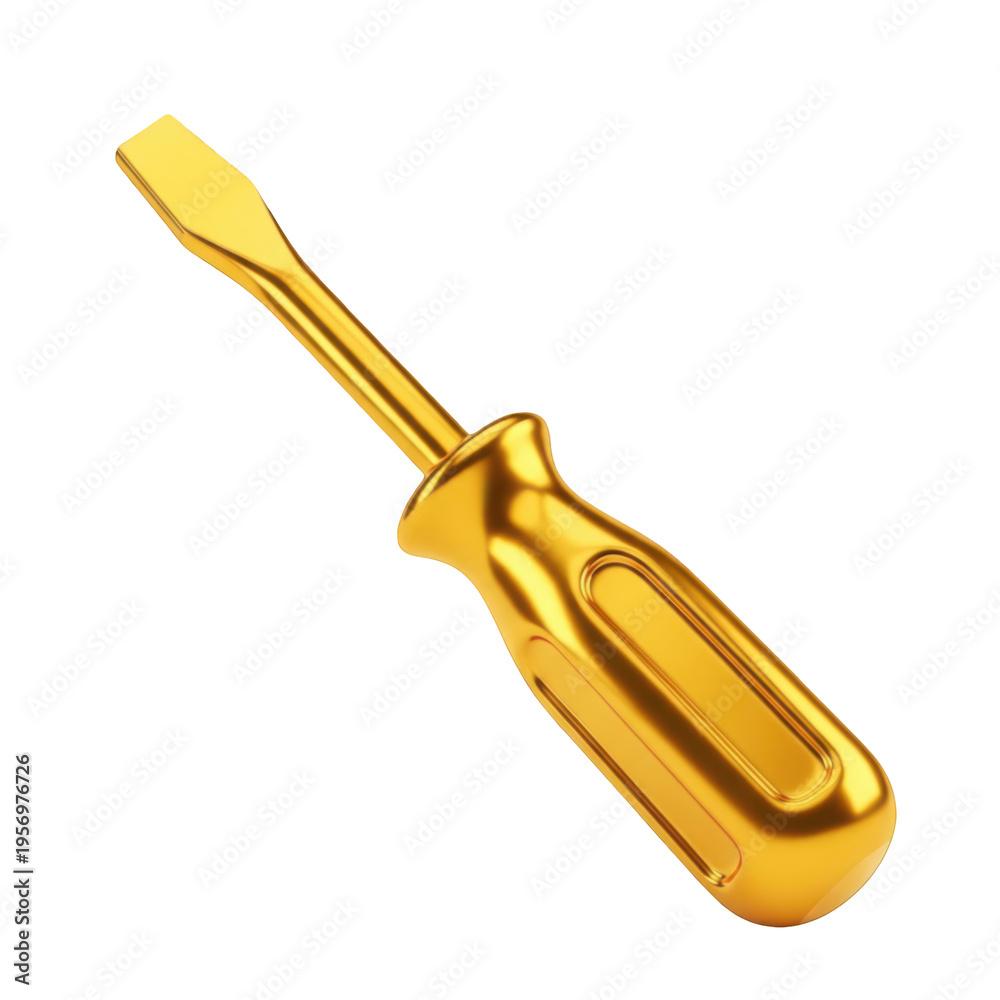 Fototapeta premium A shiny metallic gold screwdriver with a flat head tip and an ergonomic molded handle design isolated on white background