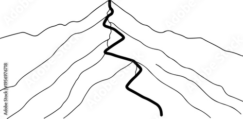 Mountain, hiking trail, black line icon, minimalist design, vector illustration