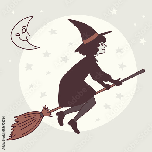 Whimsical Witch Silhouette on a Broomstick Against the Moonlit Sky