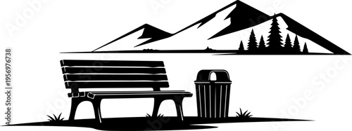 Vector silhouette of park bench and trash can with mountain landscape