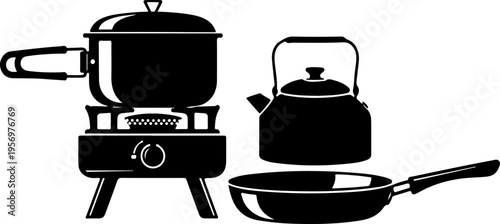 Black kitchen utensils, cooking pots and pans, camping cookware set, silhouette icons