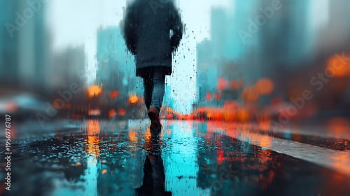 A person walks alone on a rainy city street, reflected in wet pavement with blurred urban lights creating a moody, atmospheric scene.