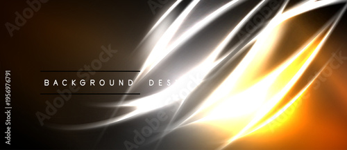 Abstract design features bright streaks, gradients. Dark background contrasts with luminous curves, creating dynamic visual effect.