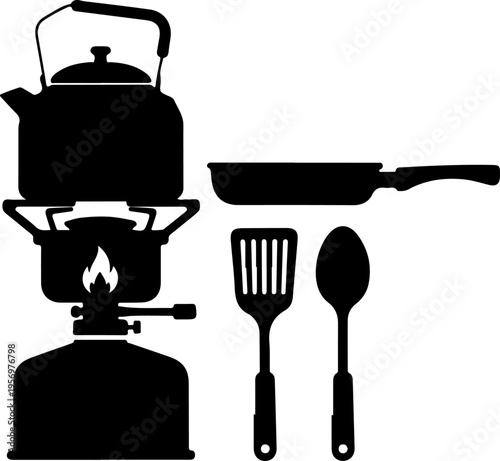 Camping cooking set, outdoor kitchen utensils, black silhouette icons, travel cookware