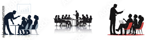 Silhouetted business meeting with a presentation and team discussion