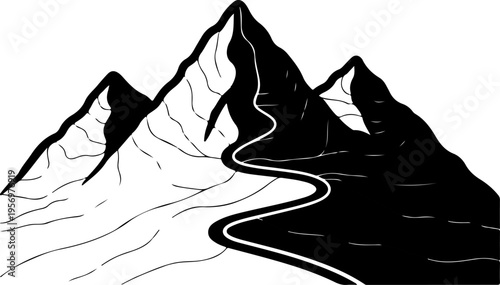Black and white mountain range landscape, vector illustration, snowy peaks, winding road