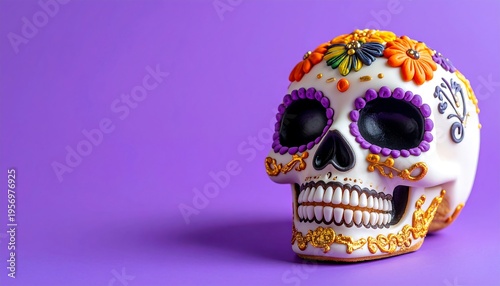 Decorated Sugar Skull on Purple Background.