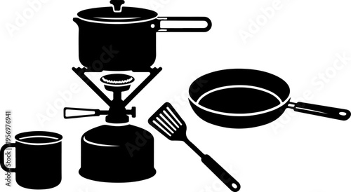 Black kitchen utensils, camping cookware, pots, pans, vector icons