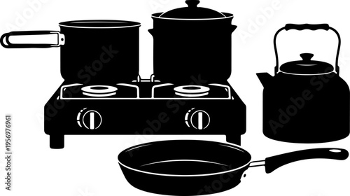 Kitchen Utensils, Cooking Pots, Pans, and Kettle, Black Silhouette, Vector Icons