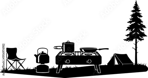 Camping gear, outdoor cooking, black silhouette icons, vector graphics, camping equipment