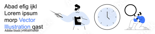 Education, presentations, research, time management, analysis, teamwork. Man with clipboard pointing, clock illustration person examining with magnifying glass. Education and time management