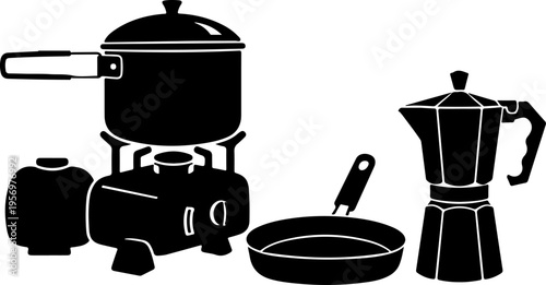 Kitchen Utensils, Cooking Pots, Black Vector Icons, Household Cooking Essentials