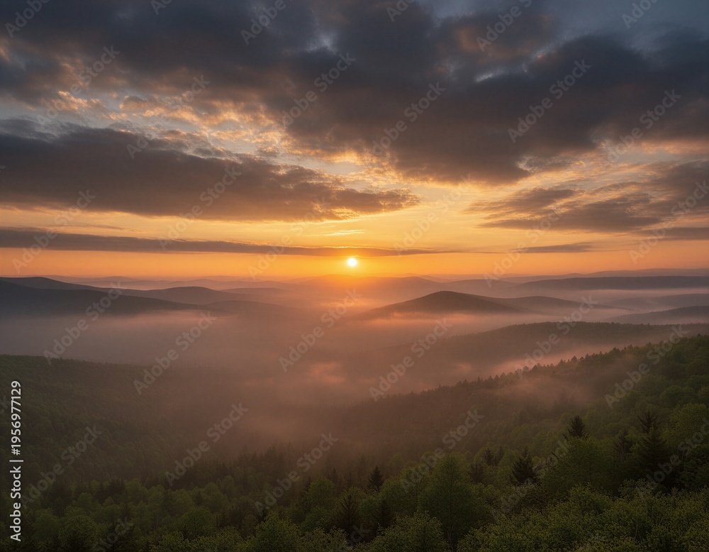 Fototapeta premium Golden Hour Over Misty Forest