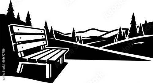 Vector illustration of a wooden bench in a forest landscape