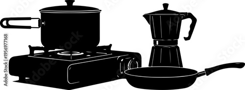 Kitchen Cooking Utensils, Black Silhouette Icons, Vector Pot, Pan, Coffee Maker