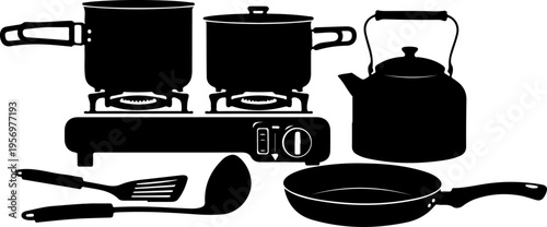 Kitchen Utensils, Cooking Pots, Pans, and Kettle, Black Silhouette, Vector Icons, Kitchenware Set